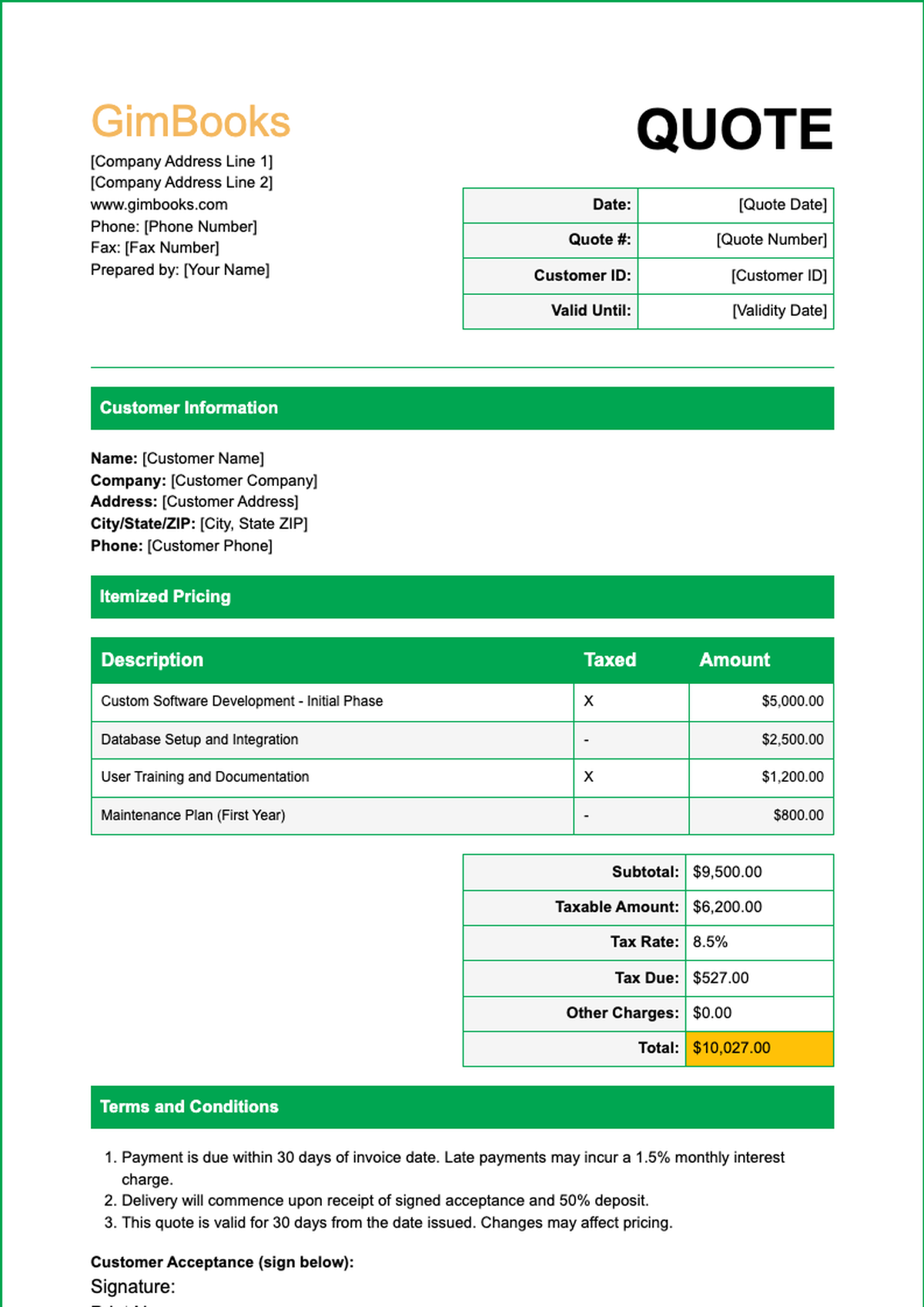 Professional business quote template with green header and tax breakdown_variant_2